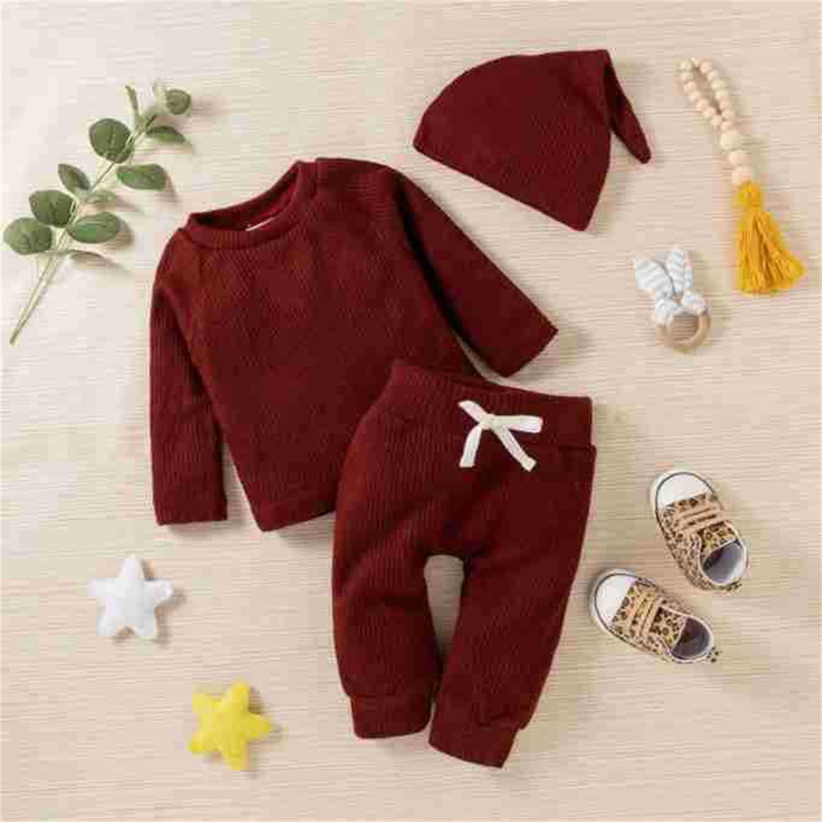 Infant and toddler knitted jacquard solid color three-piece sweatshirt children's clothing