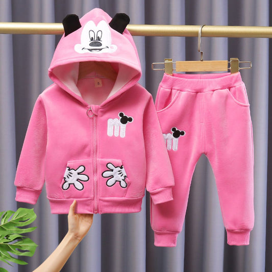 New autumn and winter girls winter clothes for babies and boys cartoon hooded plus velvet long-sleeved two-piece suits