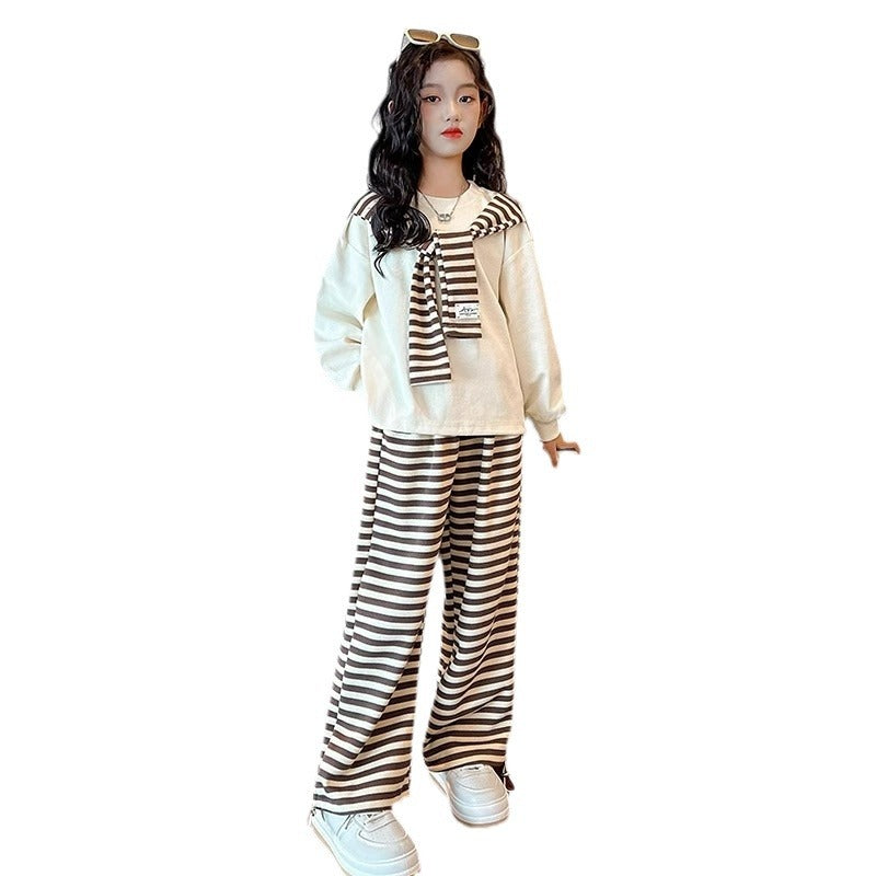 Big Kids Spring and Autumn New Temperament Shawl Tops and Trousers Striped Two-piece Set