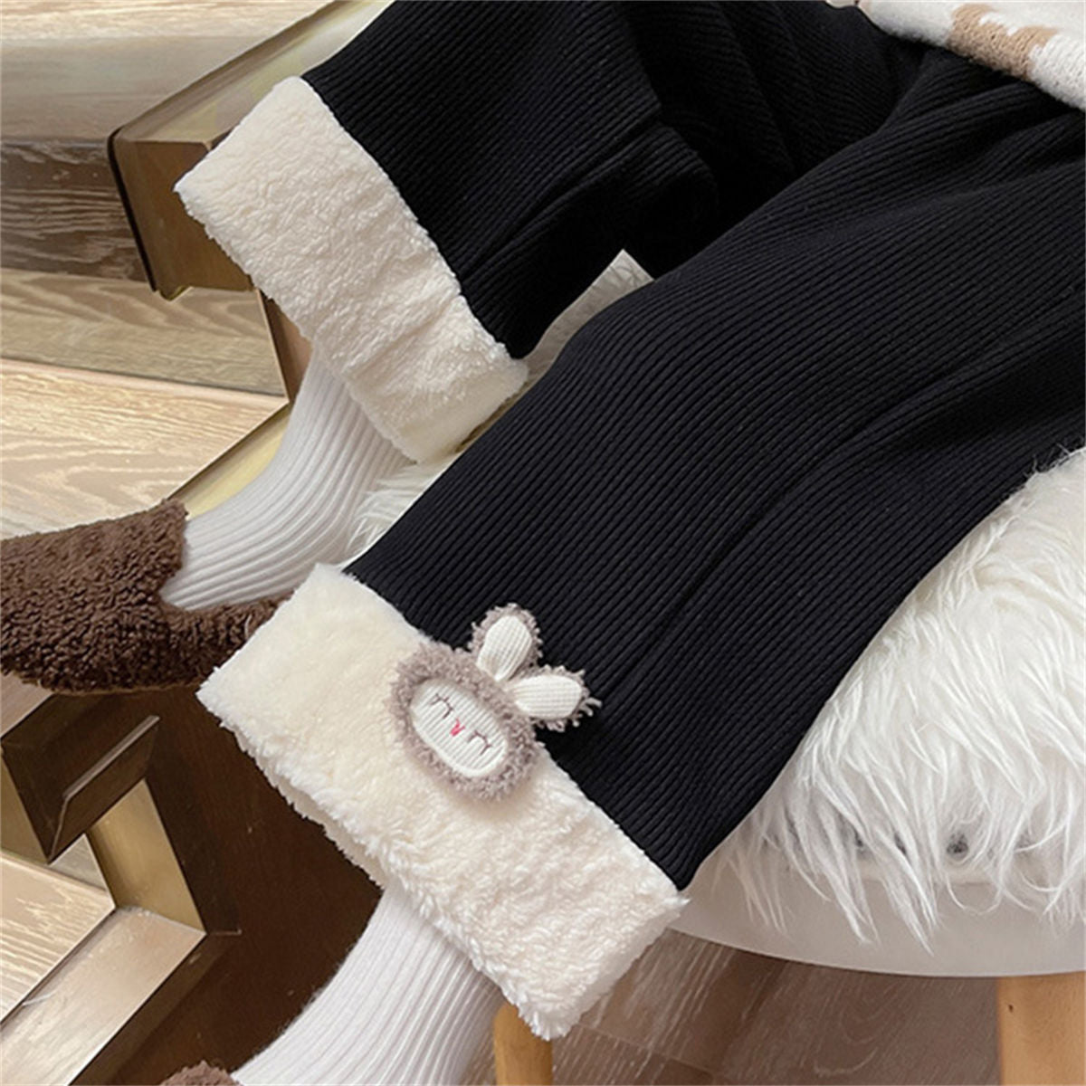 Winter cute solid color plush edge plush warm knitted trousers for middle and large children and girls