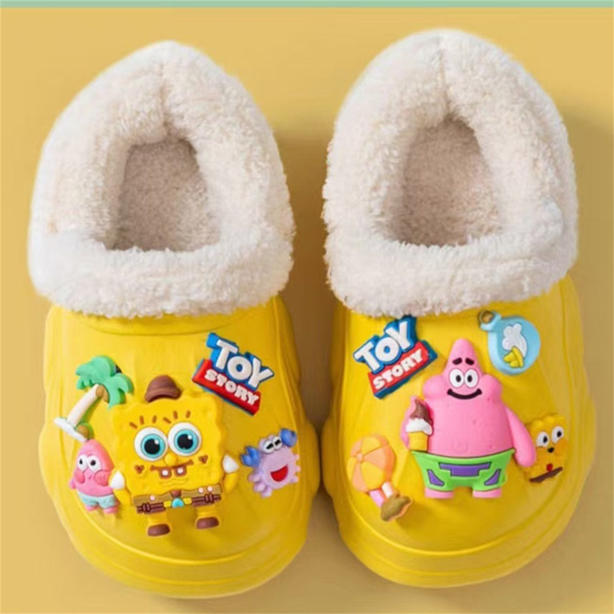 Children's autumn and winter boys and girls' SpongeBob SquarePants plush warm furry shoes non-slip soft bottom closed toe cotton slippers