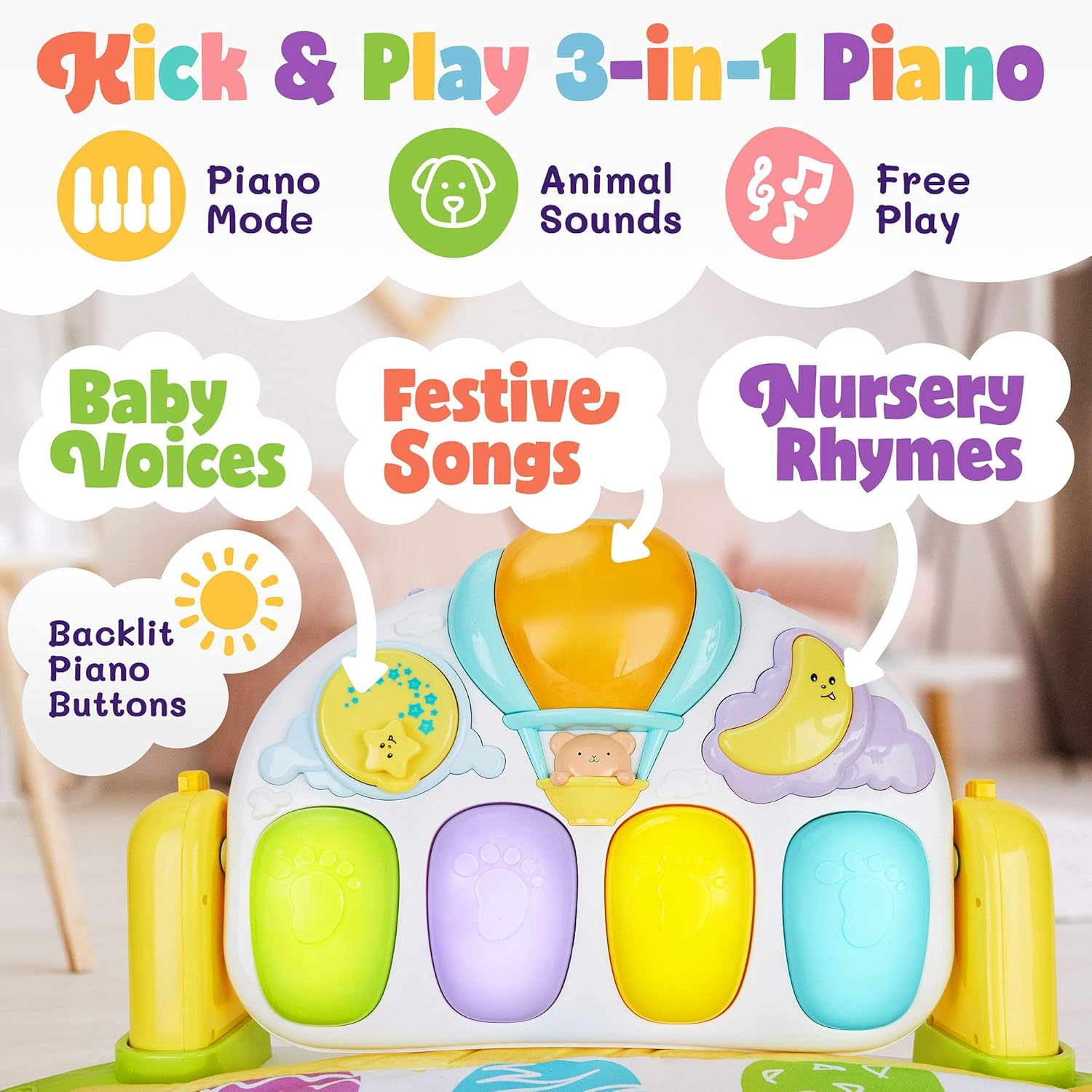 Baby Gym Playmat with Kick & Play Piano, Rotating Star Mobile & Star Projector, Machine Washable