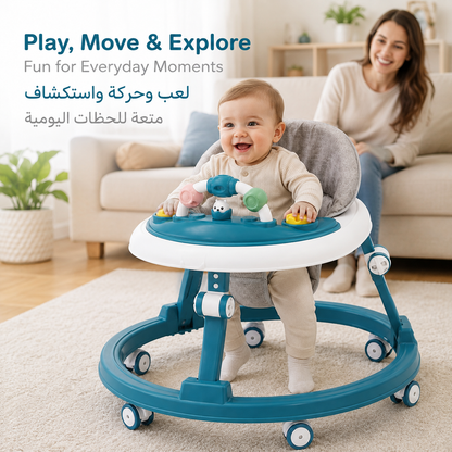 Foldable Baby Walker with Wheels, 7 Adjustable Heights & Removable Activity Tray