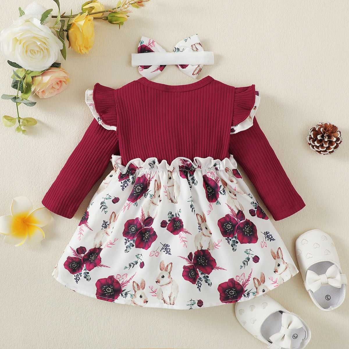 Baby Floral Bowknot Decor Long Sleeve Dress With Headband