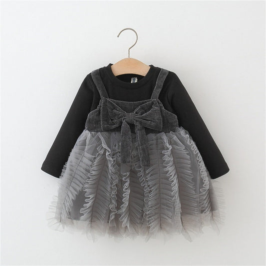 Girls Spring and Autumn Bowknot Puffy Tulle Princess Dress