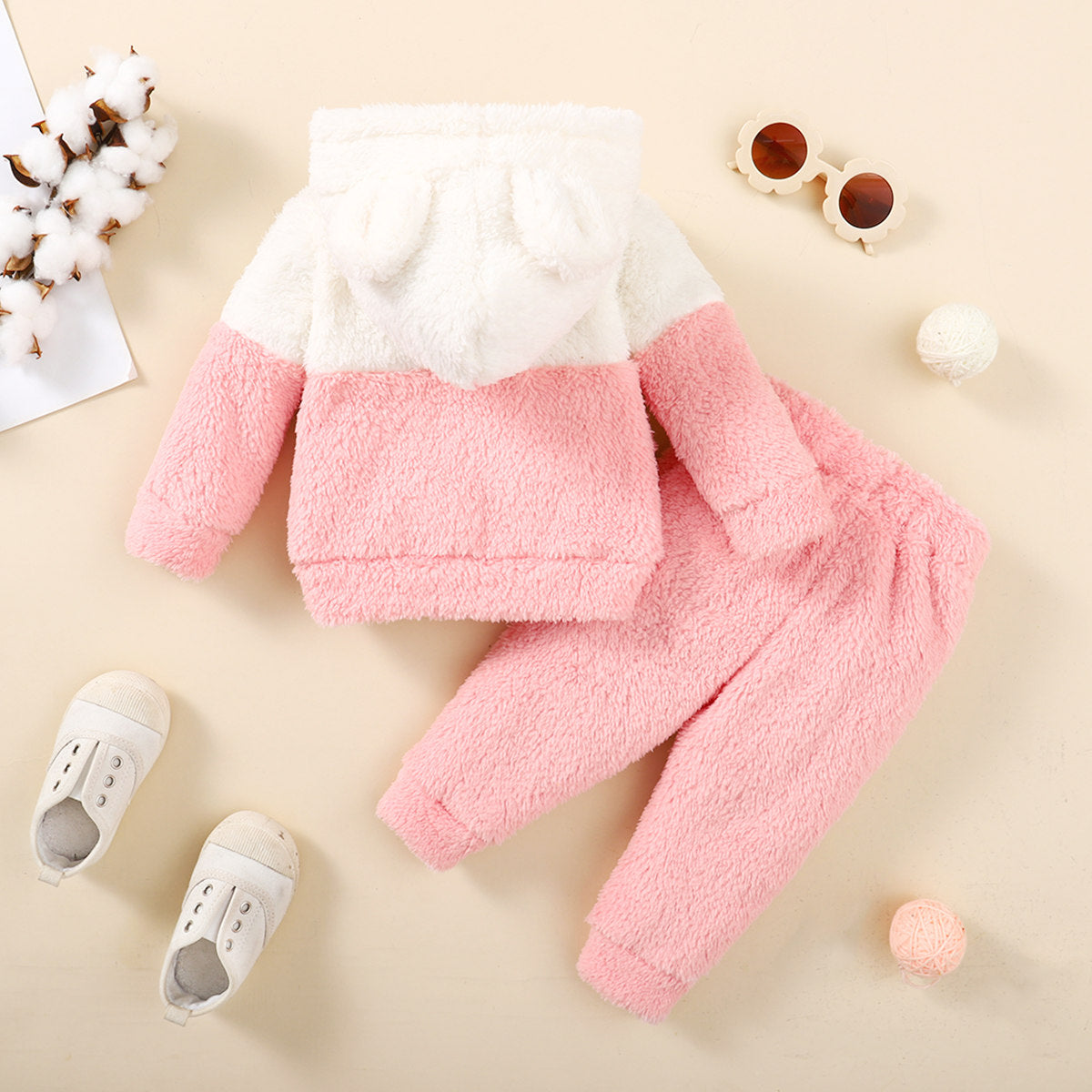 Baby Girl 2 Pieces Color-block Fleeced Hooded Sweater & Pants For Winter