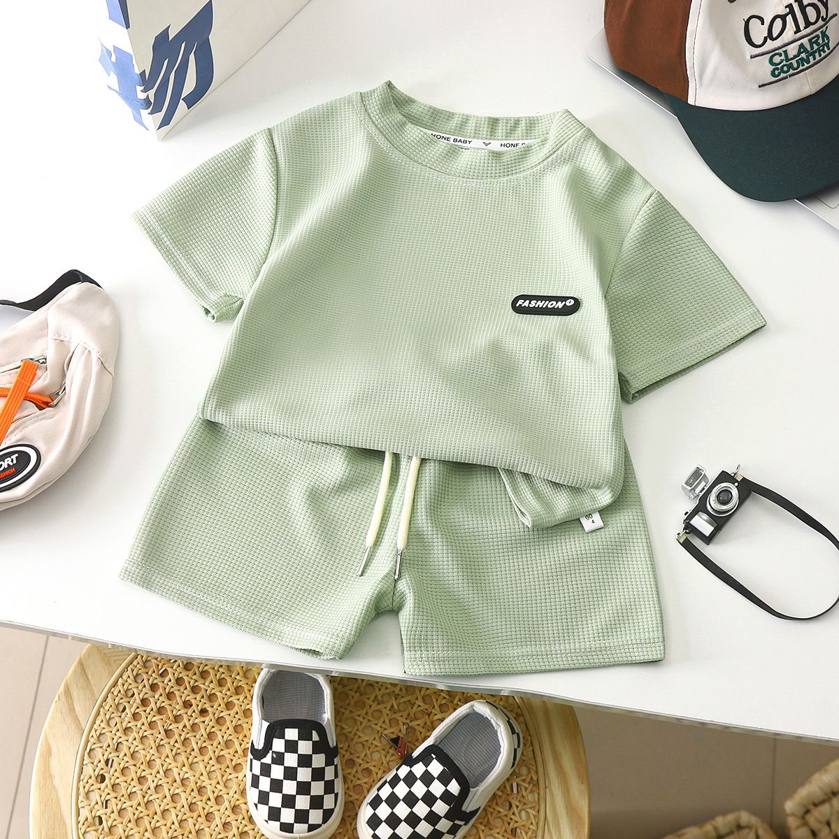 New style children's clothing summer children's leisure suit loose clothes boys short-sleeved waffle baby summer