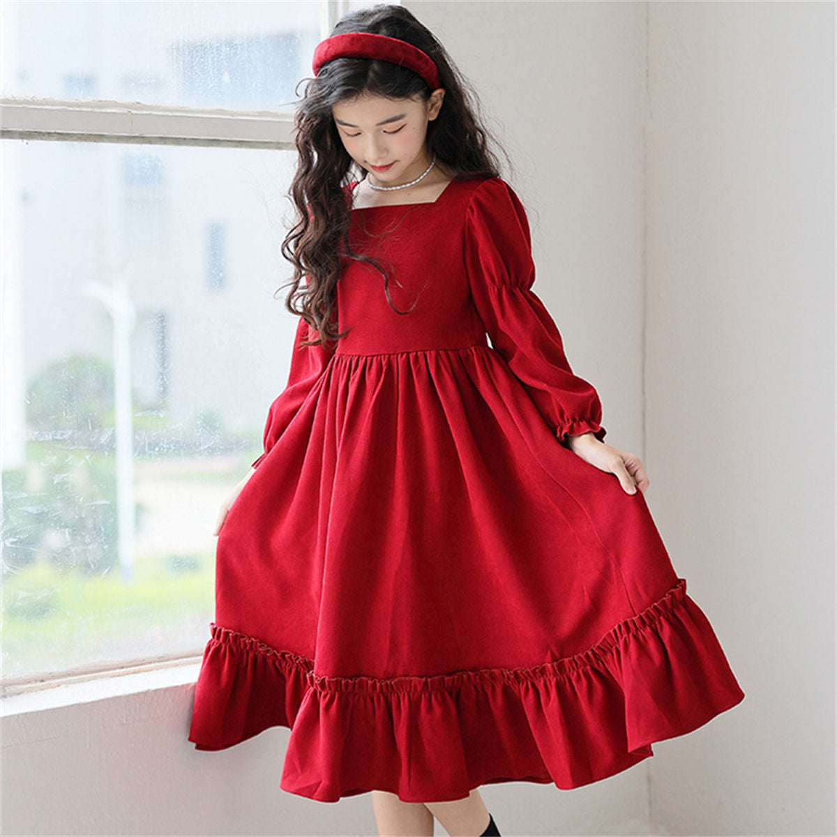 Autumn red elegant lady-style lace long-sleeved dress for middle and large girls