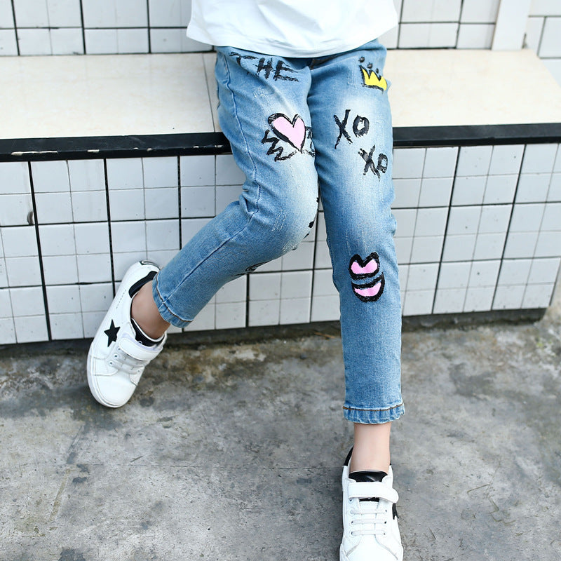 Girls denim skinny pants with print summer casual trousers