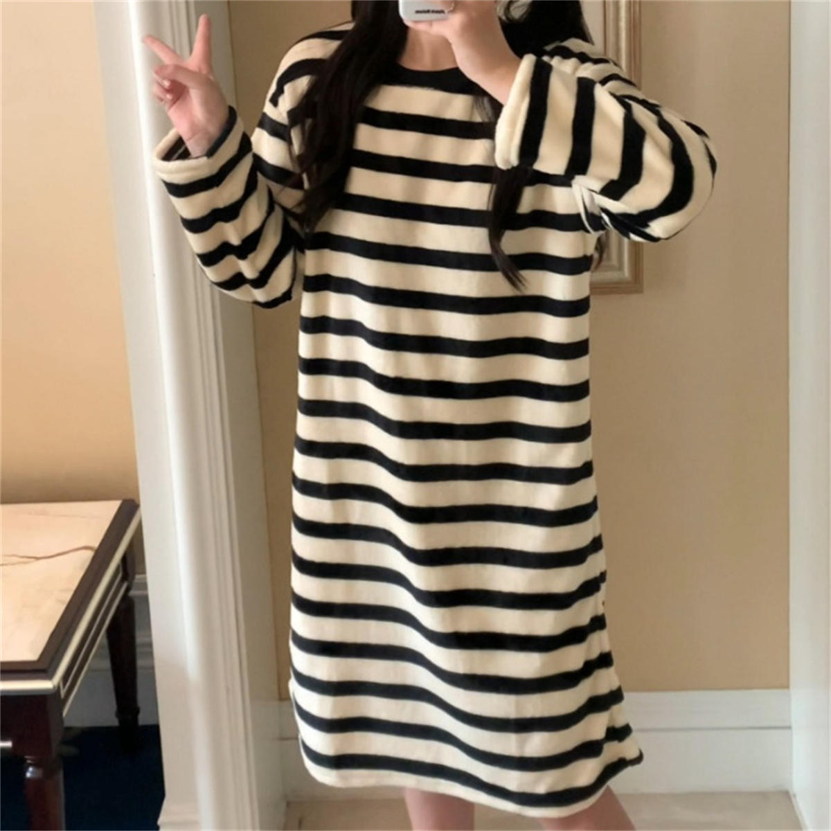 Striped flannel nightdress women's autumn and winter long sleeve home dress