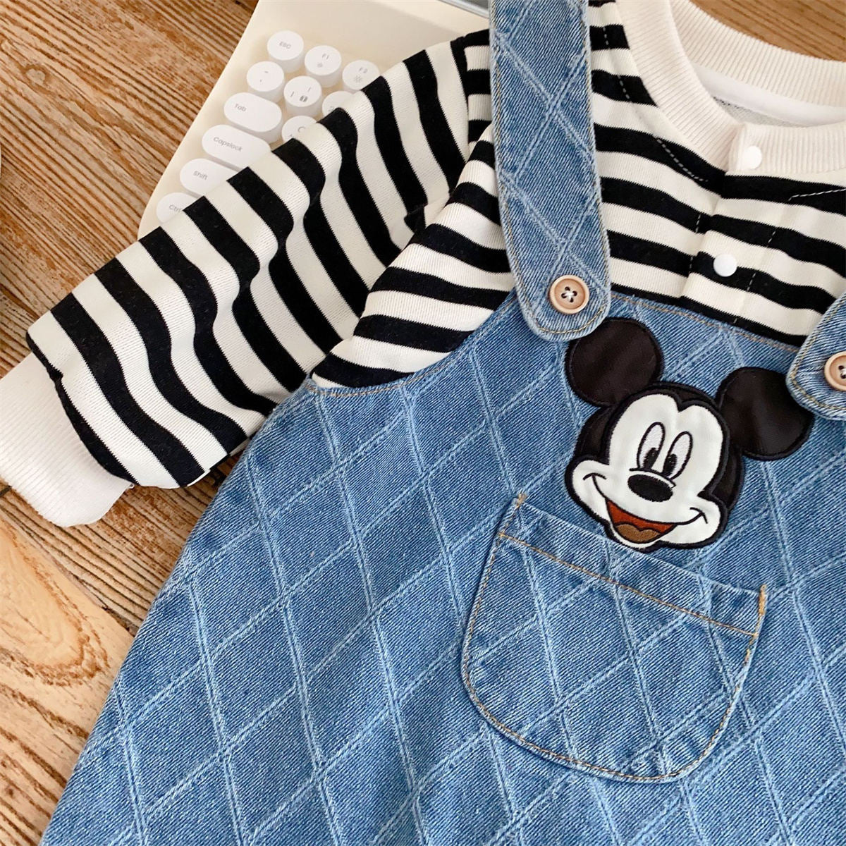 Baby cartoon Mickey fake two-piece striped romper one-year-old dress