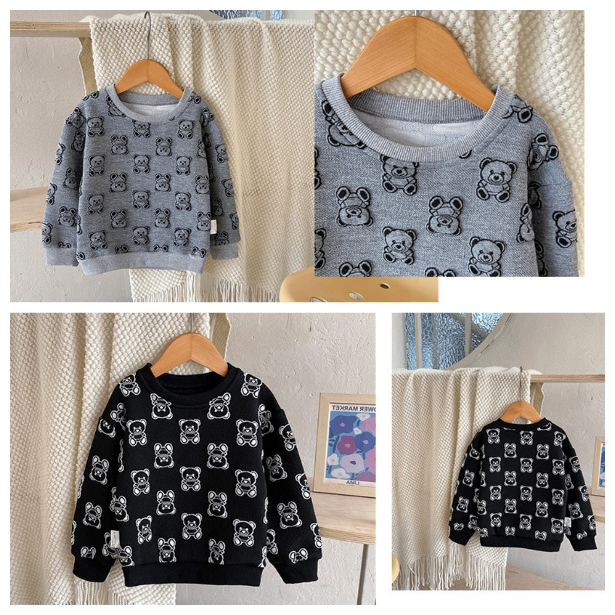 Children's Bear Terry Pullover Sweater Spring and Autumn New Girls Round Neck Long Sleeve Bottoming Shirt Boys T-shirt Children's Clothing