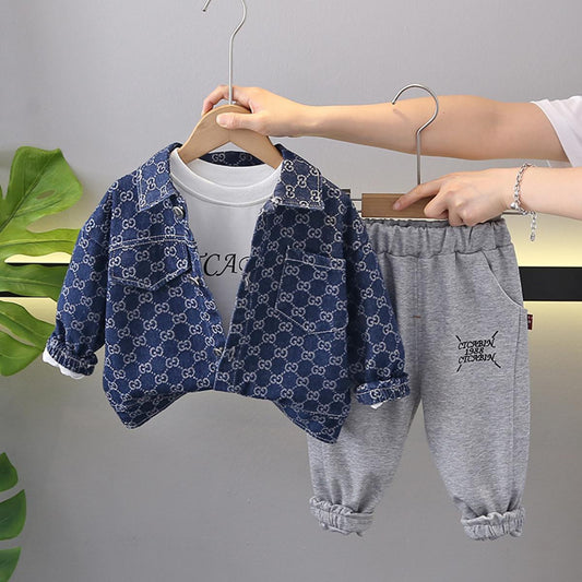 2024 autumn new style children's full print denim baby boy spring and autumn three-piece suit boy clothes trendy