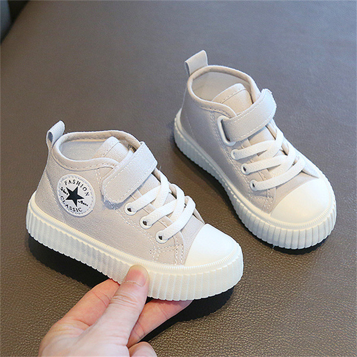 Children's and boys' spring and autumn pure color simple casual style Velcro high-top canvas shoes