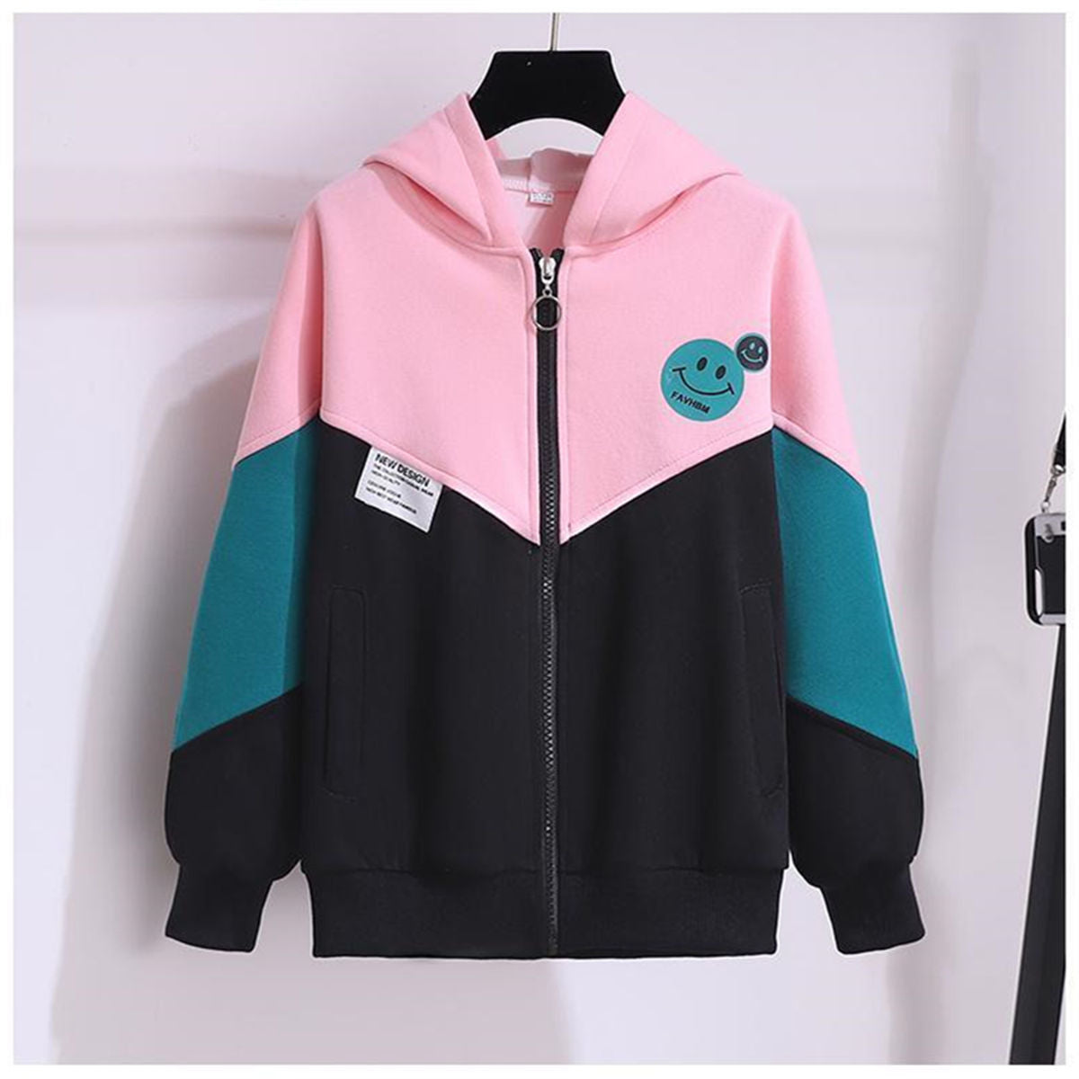 Autumn color matching cute casual style smiley face jacket suit for middle and large children and girls