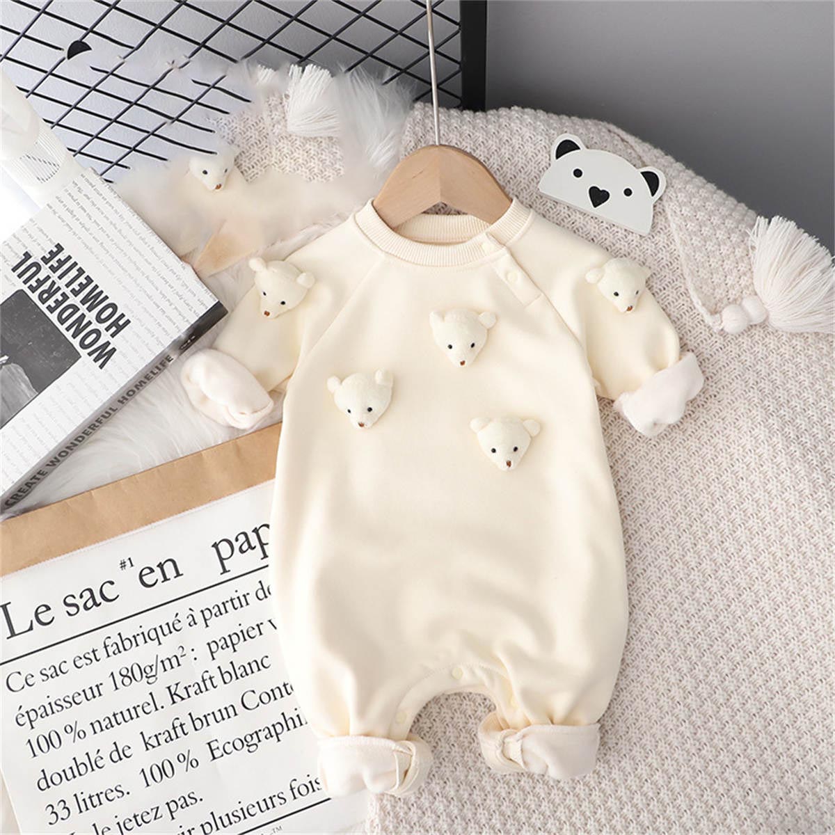 Baby autumn and winter three-dimensional bear plush thick warm jumpsuit