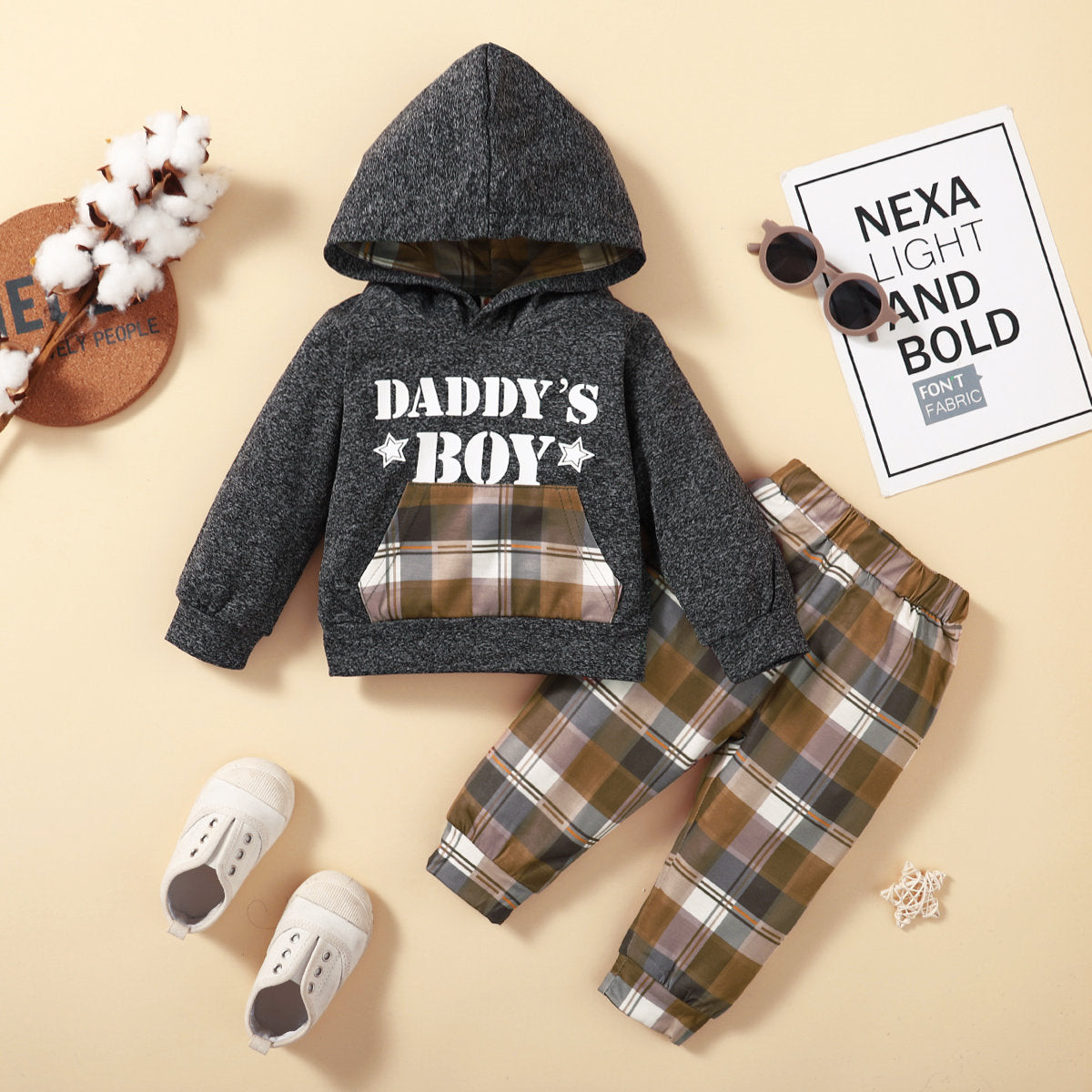 Toddler Boy Letter Pattern Color-block Hoodie & Plaid Print Pants