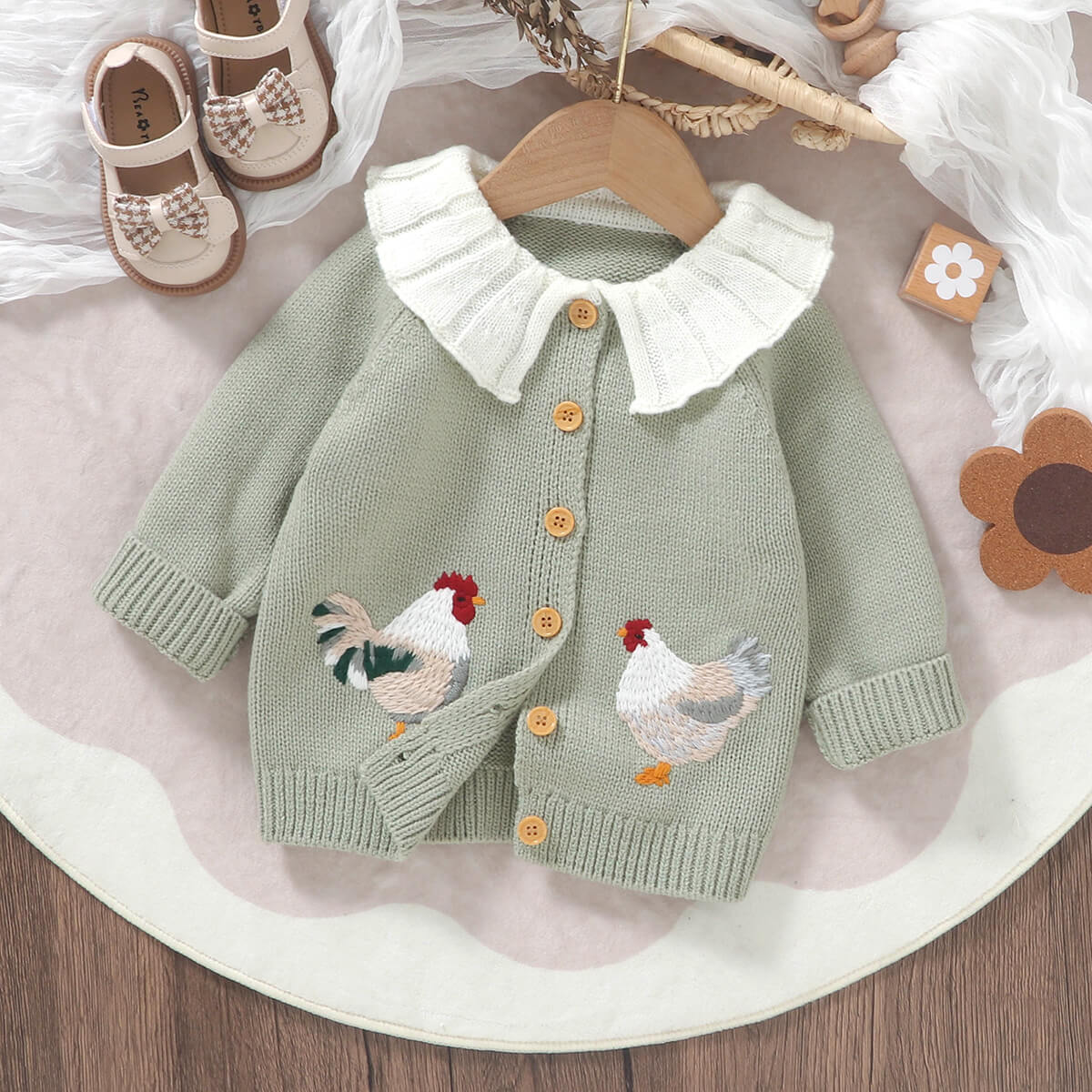 Infant and Toddler Knitted Cute Chick Embroidery Baby Jacket Cardigan