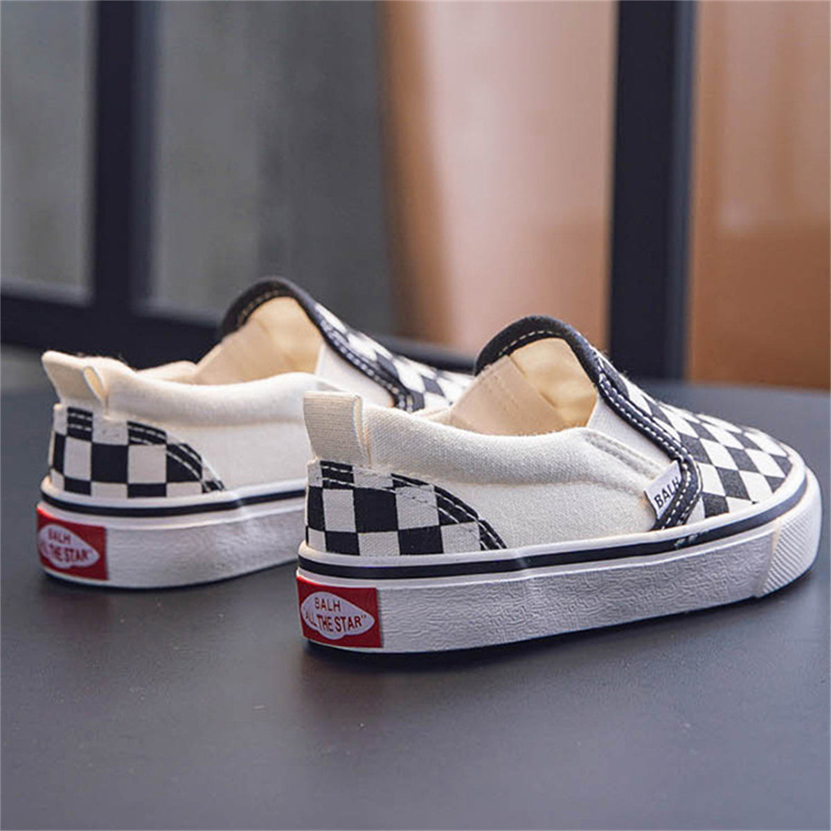 Children's Check Black and White Slip-On Canvas Shoes