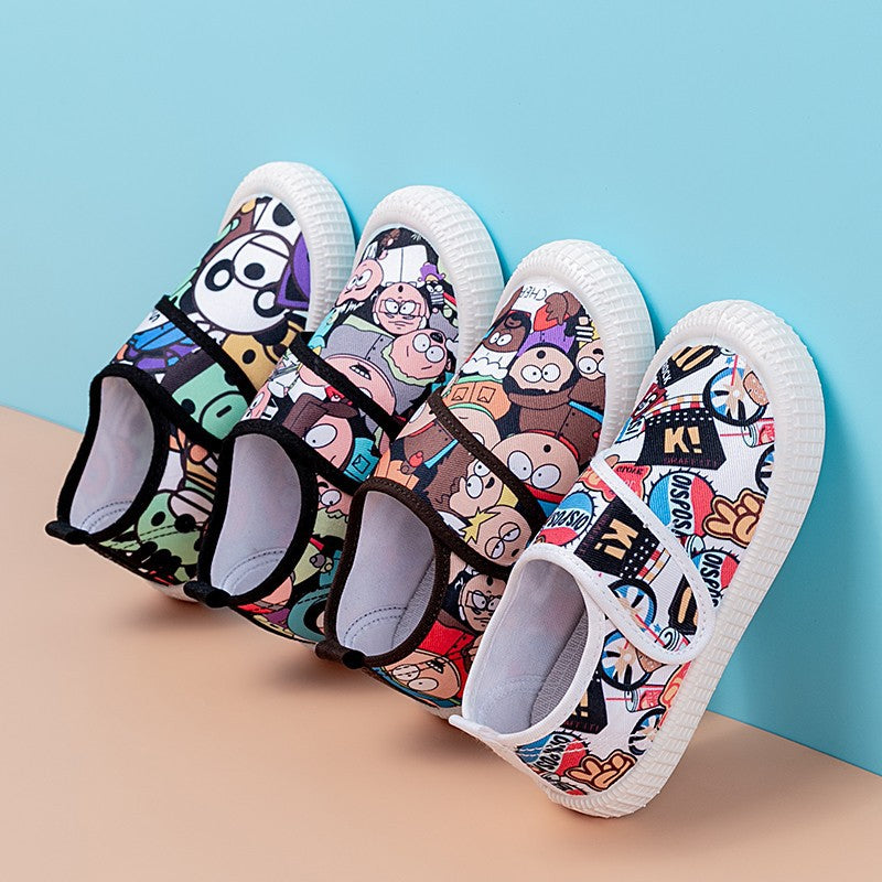 Children's and boys' autumn style cute printed patterns indoor breathable non-slip Velcro low-top canvas shoes