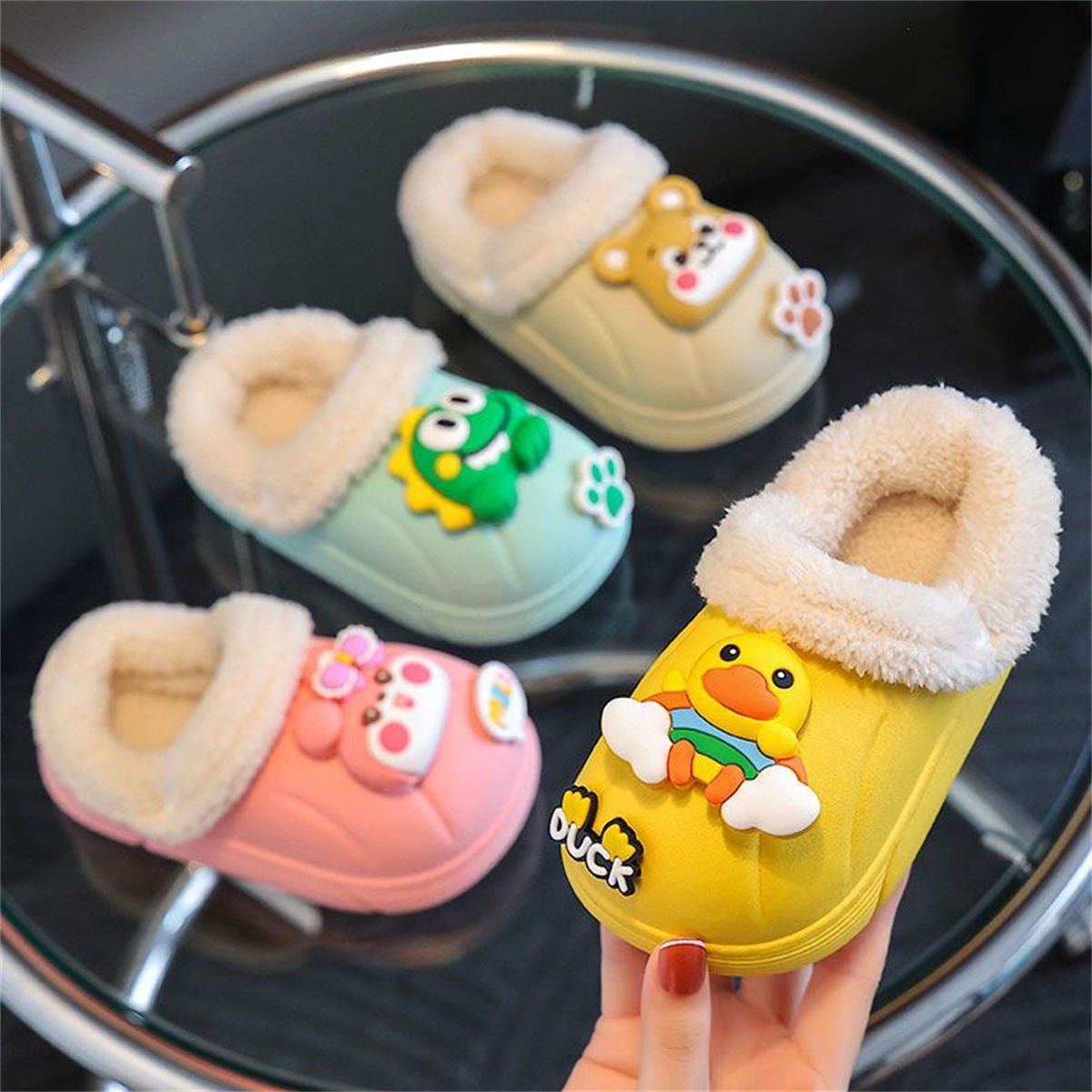 Winter waterproof plush 3D cartoon bear pattern cotton slippers for boys and girls