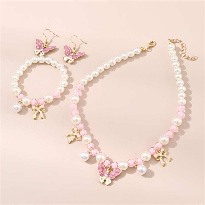 Children's 3-piece sweet pink pearl beaded butterfly pendant jewelry set