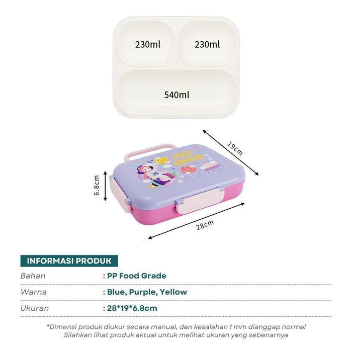 Hibobi Kids 3-Compartment Portable Lunch Box with Handle & Cutlery