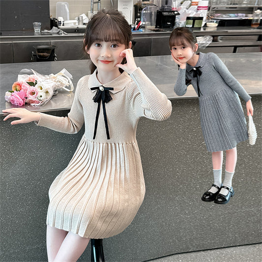 Girls Knitted Dress Cute Doll Collar Sweater Long Dress