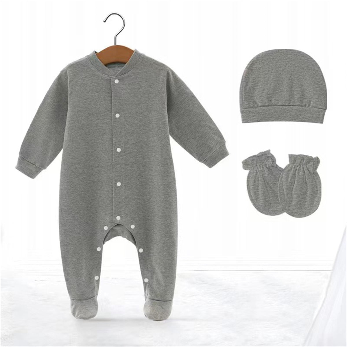 Newborn baby long-sleeved foot-covering crawling suit jumpsuit hat + gloves