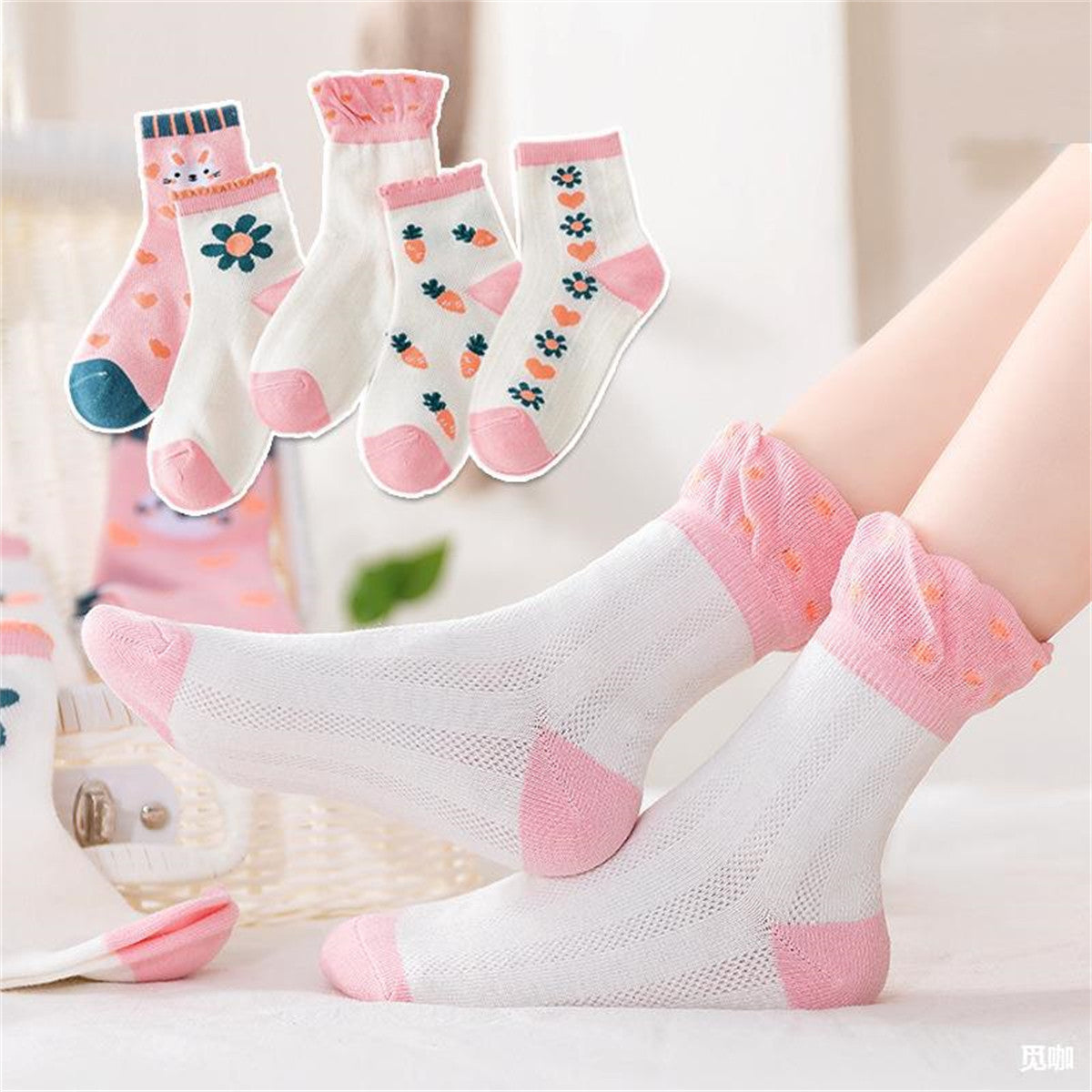 5 pairs, cute summer strawberry bunny socks