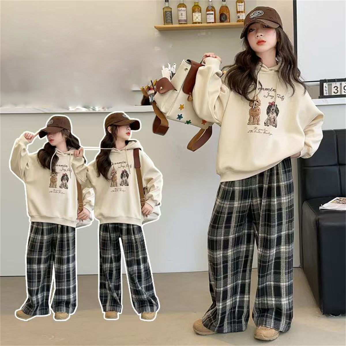 Medium and large children's letter casual plaid versatile two-piece suit