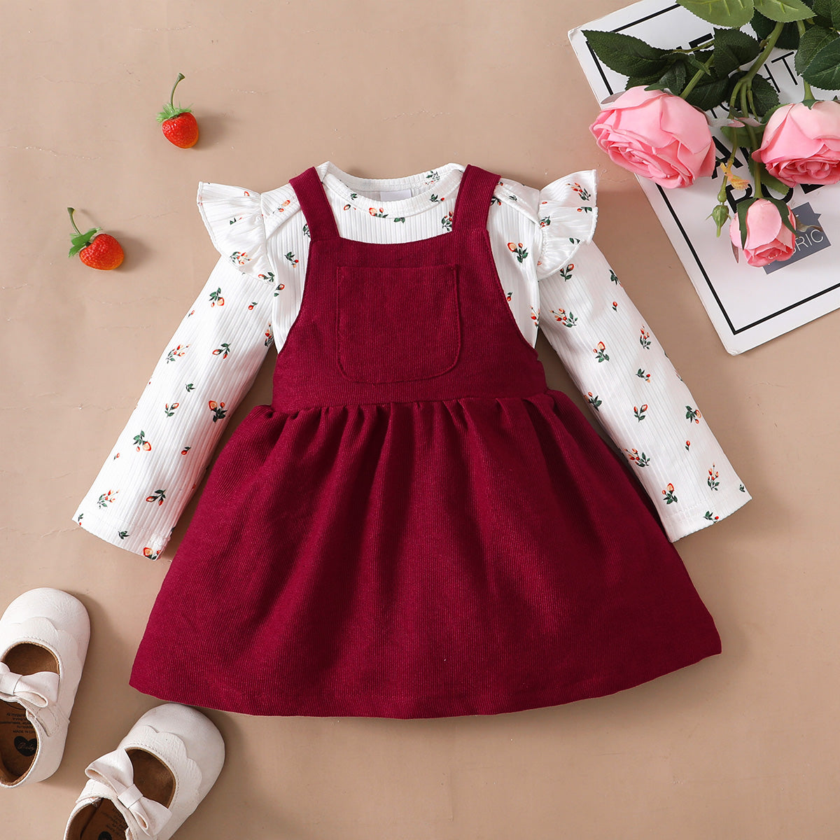 Baby Girl Floral Pattern Bodysuit & Solid Color Suspender Dress