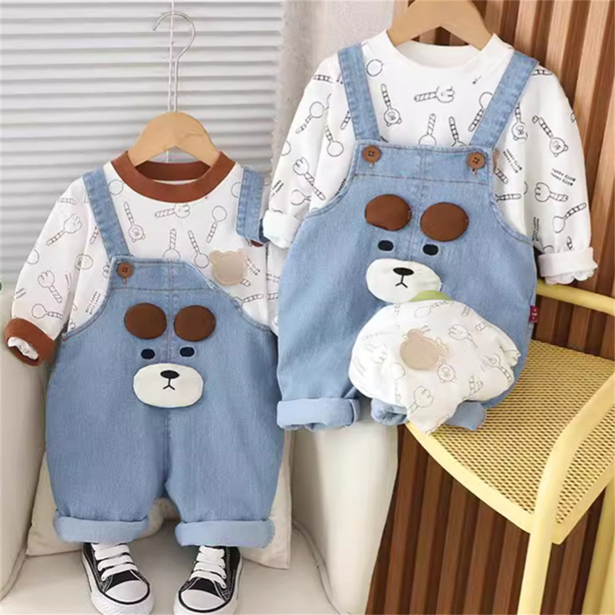 Boys Spring and Autumn Cartoon Denim Overalls Two-piece Set