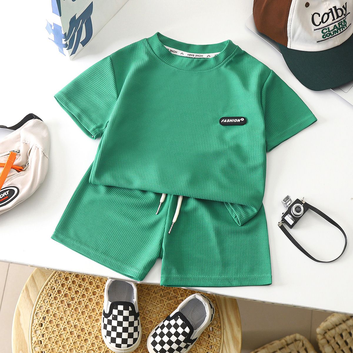 New style children's clothing summer children's leisure suit loose clothes boys short-sleeved waffle baby summer