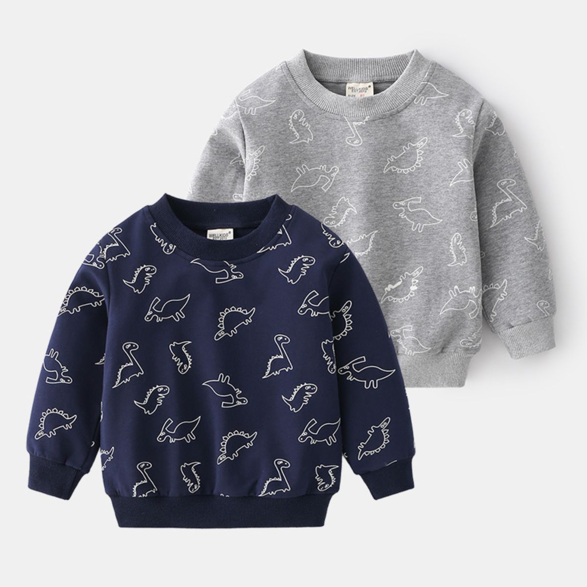 Casual long-sleeved children's sweatshirt Dinosaur simple drawing cartoon non-hooded pullover Blue-gray cute boy sweatshirt