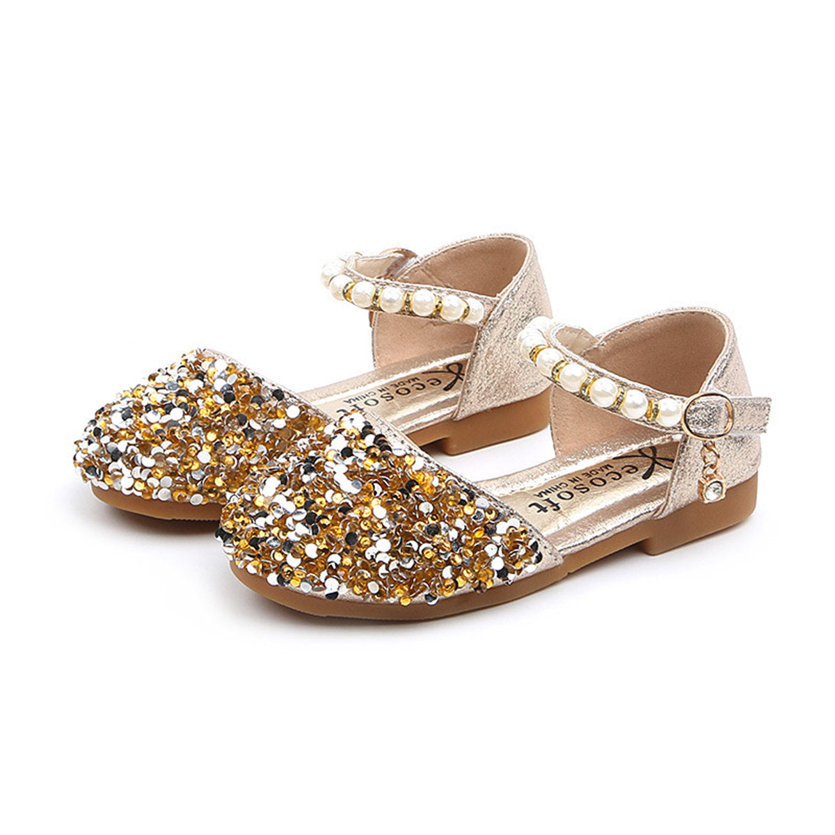 Little girl princess style sequined ladies pearl style sweet flat leather shoes