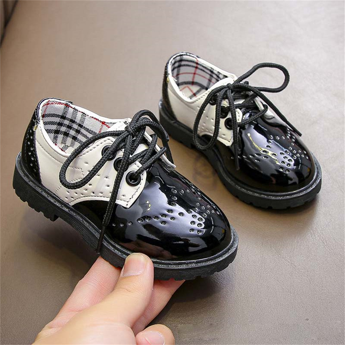 Little boy's spring and autumn British gentleman style party performance plaid waterproof water-soled leather shoes