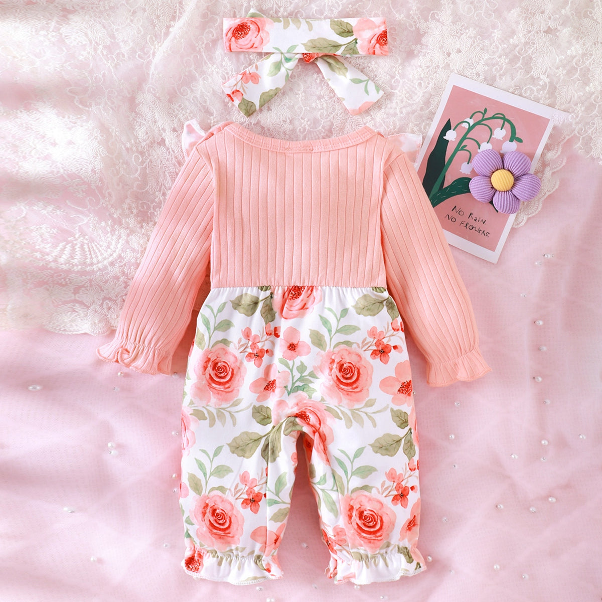 Baby Girl Long Sleeve Striped Cotton with Flower Long Leg Romper