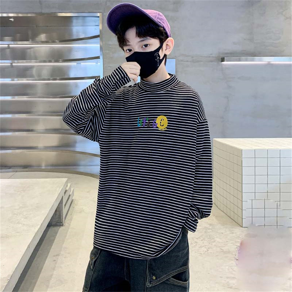 Winter plus velvet cute letter horizontal striped warm bottoming shirt for middle and large boys