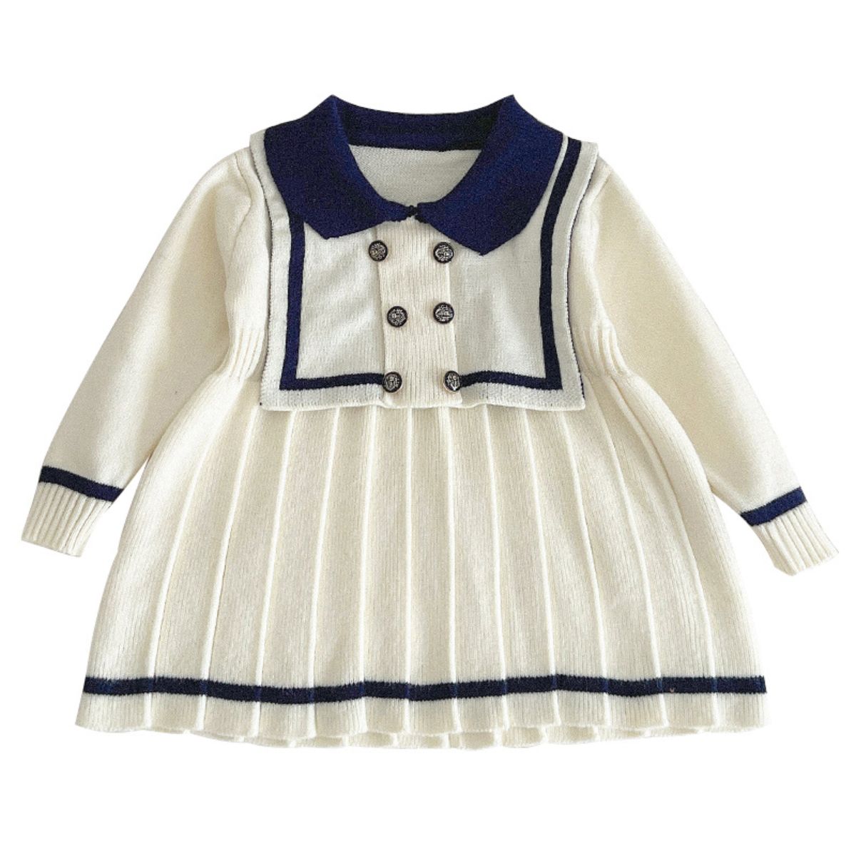 Girls Navy Style Sweater Dress Girls Autumn Dress Children's Clothing Long Sleeve Knitted Pleated Skirt