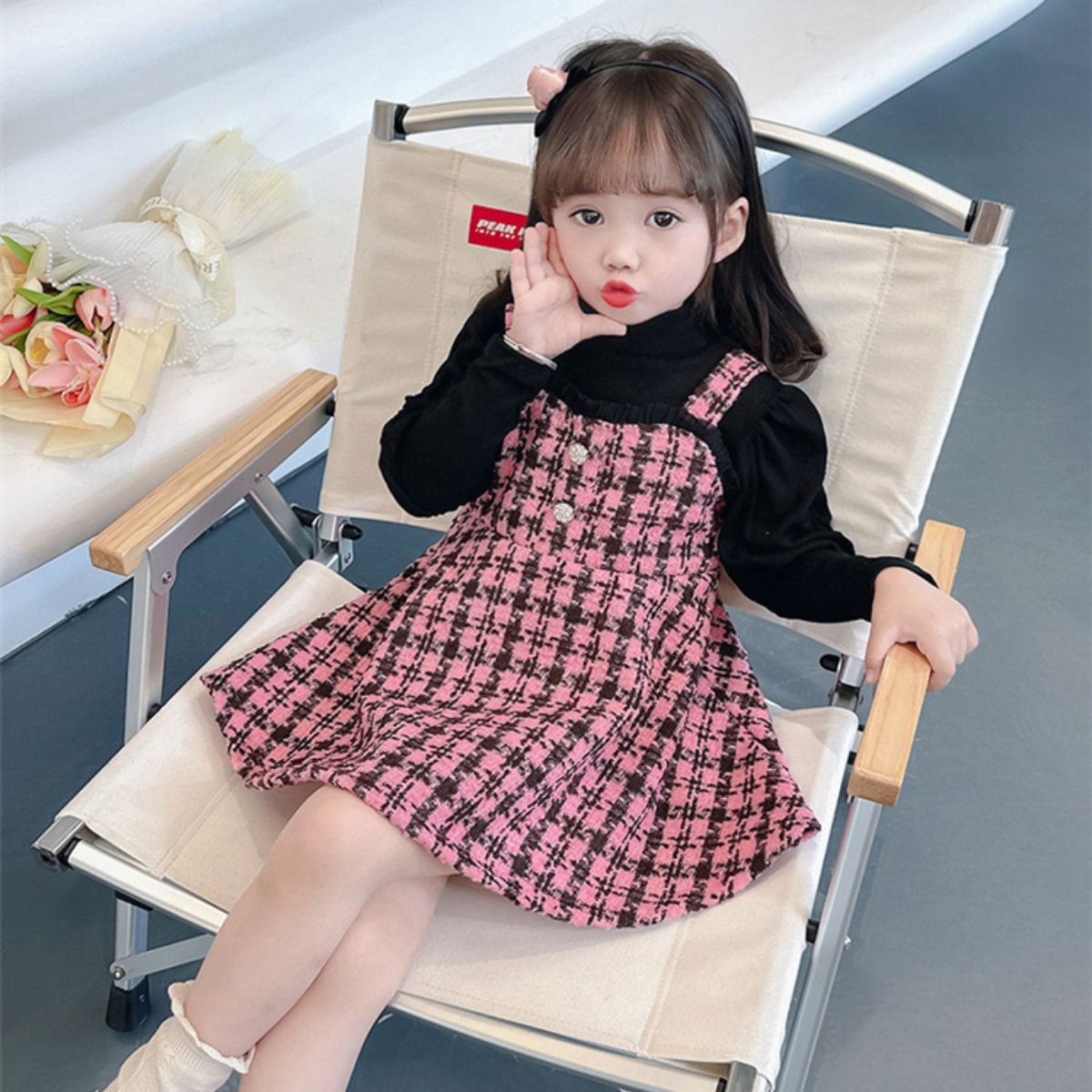 Girls plaid Chanel style fake two-piece dress