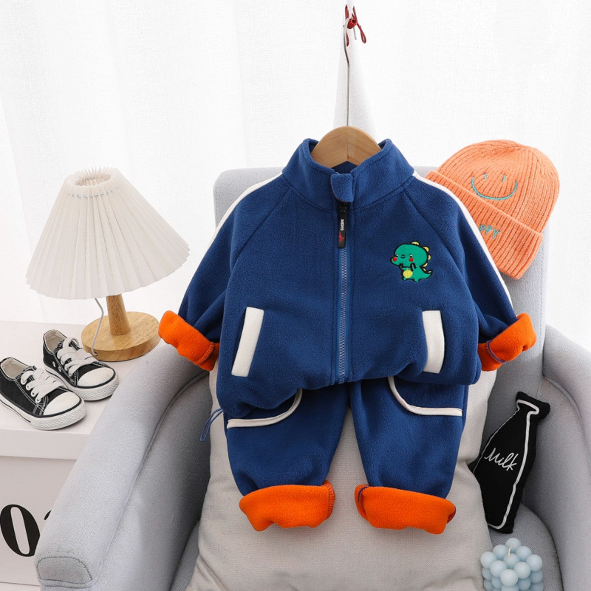 Children's stylish early winter style double-sided velvet two-piece suit baby cartoon children's clothing children's suit trendy