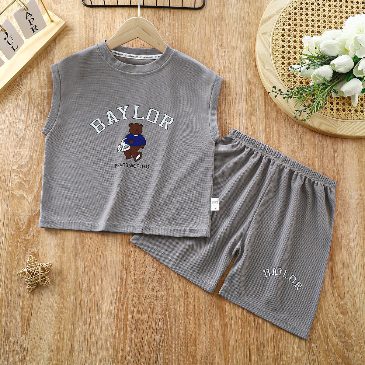 Children's vest suit new waffle top sleeveless shorts baby summer children's clothing