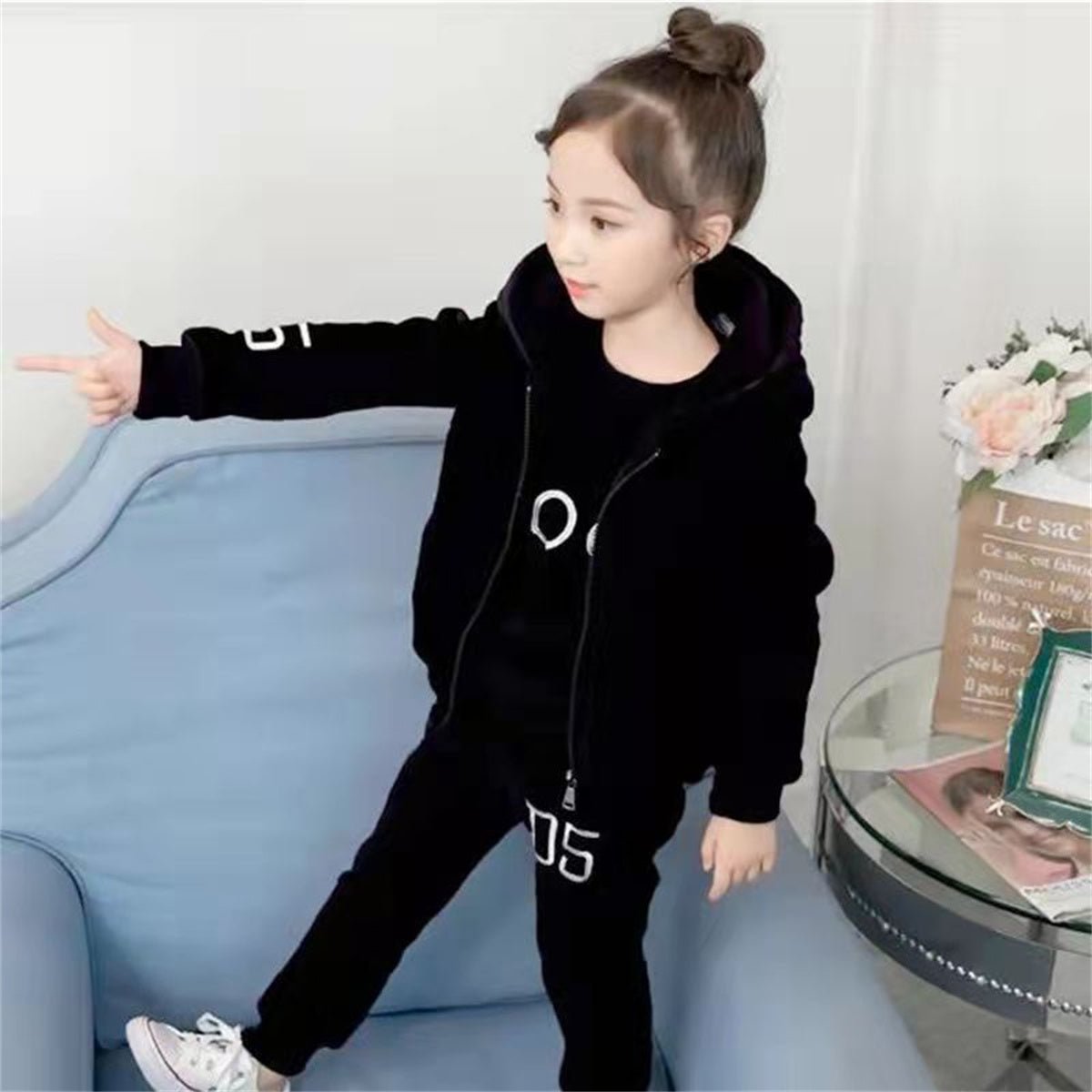 Medium and large girls casual sports style double-faced fleece casual sweatshirt three-piece set