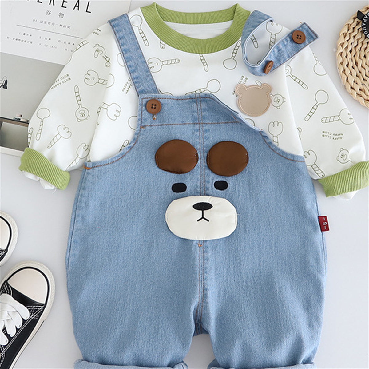 Boys Spring and Autumn Cartoon Denim Overalls Two-piece Set