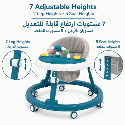 Foldable Baby Walker with Wheels, 7 Adjustable Heights & Removable Activity Tray