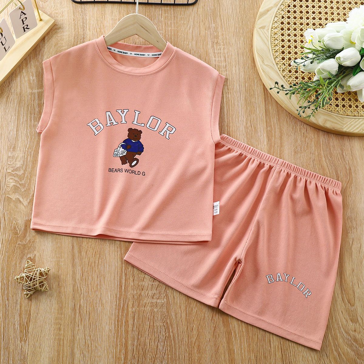 Children's vest suit new waffle top sleeveless shorts baby summer children's clothing