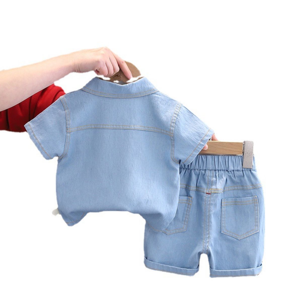 New style denim handsome children's clothing Baby loose two-piece suit short sleeve shorts comfortable printed two-piece suit