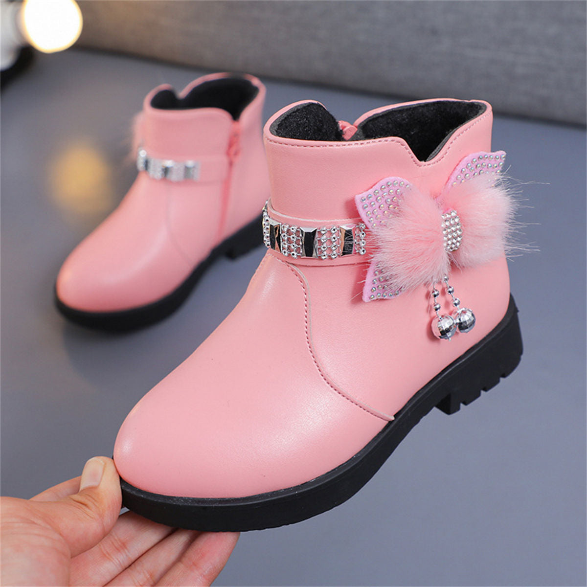 Cute furry and diamond warm waterproof Martin boots for girls in winter