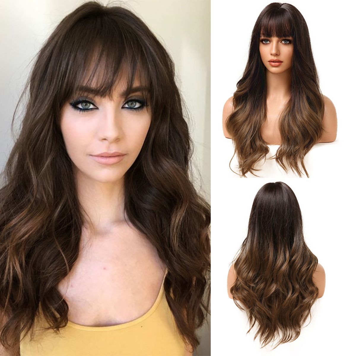 Air bangs big wave long curly hair gradient brown black brown multi-color wig female